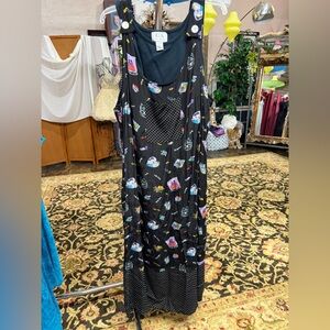 90s Rayon Jumper Maxi Dress with Cartoons Polka Dot Coquette Teacher 2X